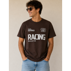 Racing Motorcycle Club Baskılı Kahverengi Tişört