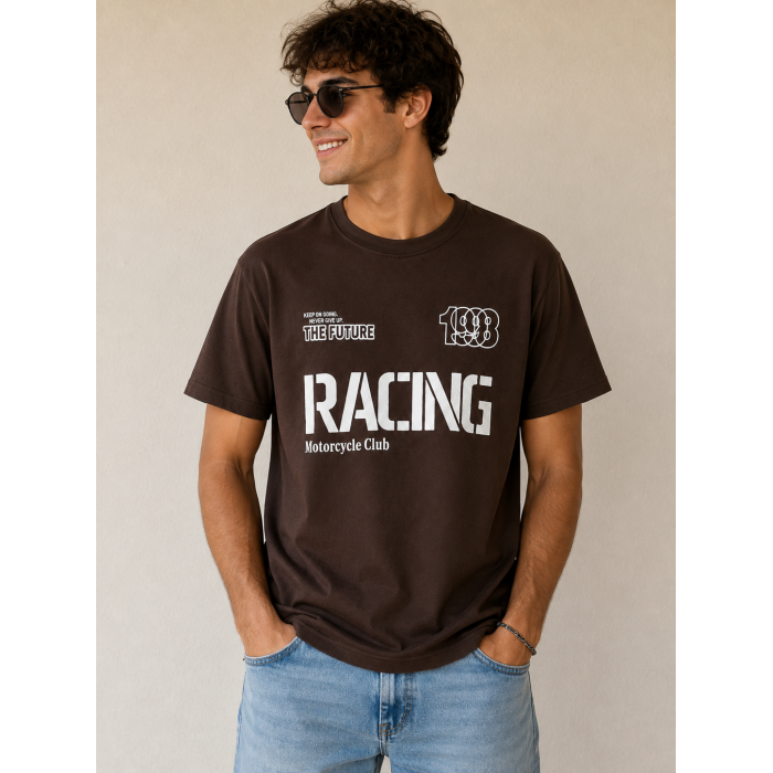 Racing Motorcycle Club Baskılı Kahverengi Tişört