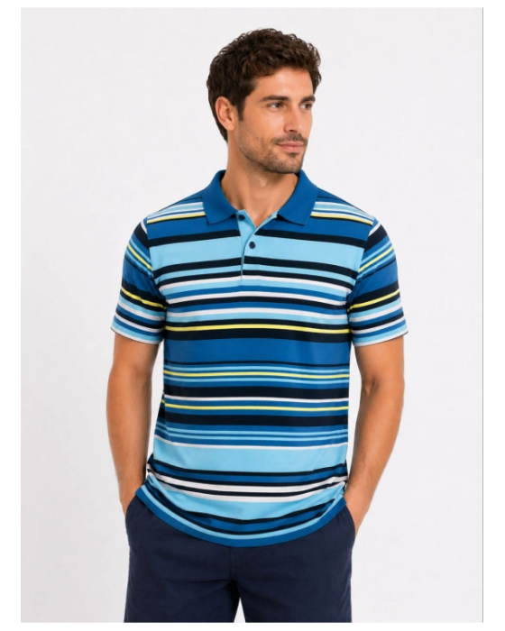 Erkek Çizgili Polo Yaka Tişört – Mavi