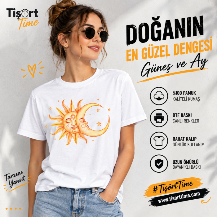 Güneş ve Ay Baskılı Kadın Tişört