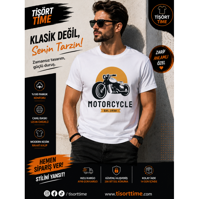 Vintage Motorcycle Baskılı Erkek Tişört