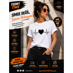 Siyah Kalp EKG Baskılı Kadın Tişört